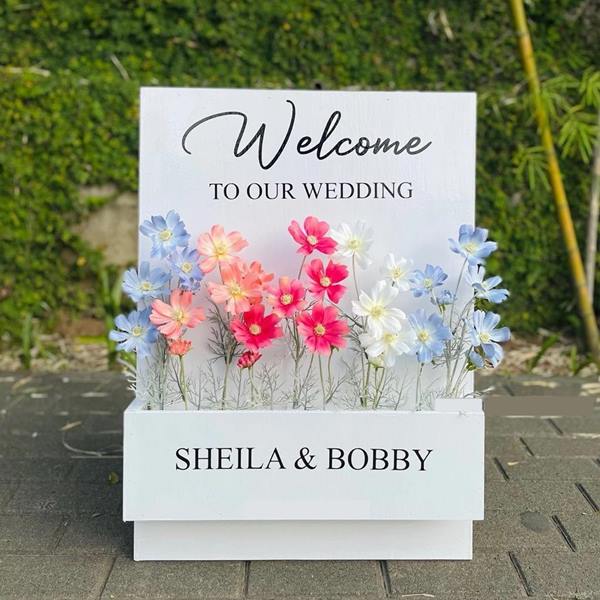 jual sewa flower box welcome to our wedding sheila & bobby rectangle sidoarjo surabaya